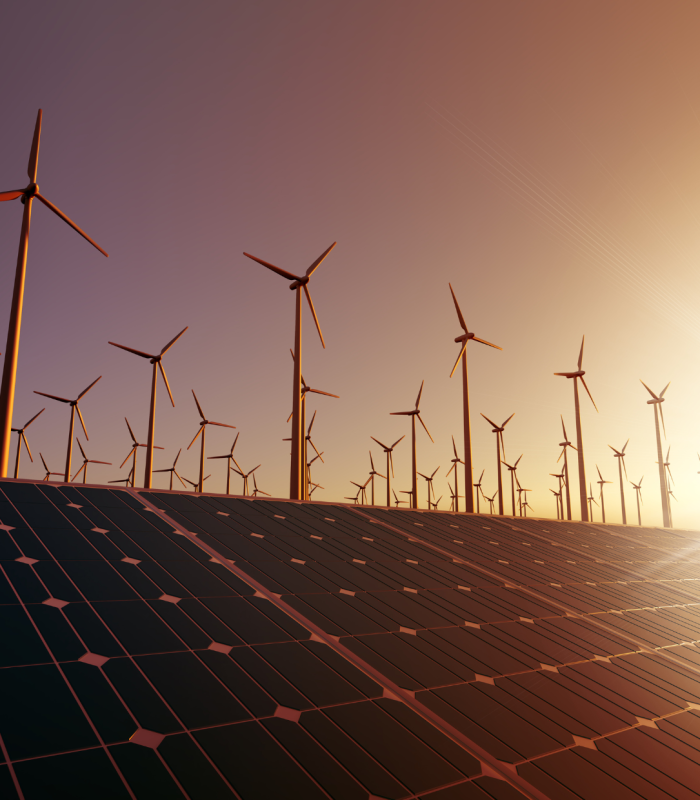 Renewable energy: wind turbines and solar panels.