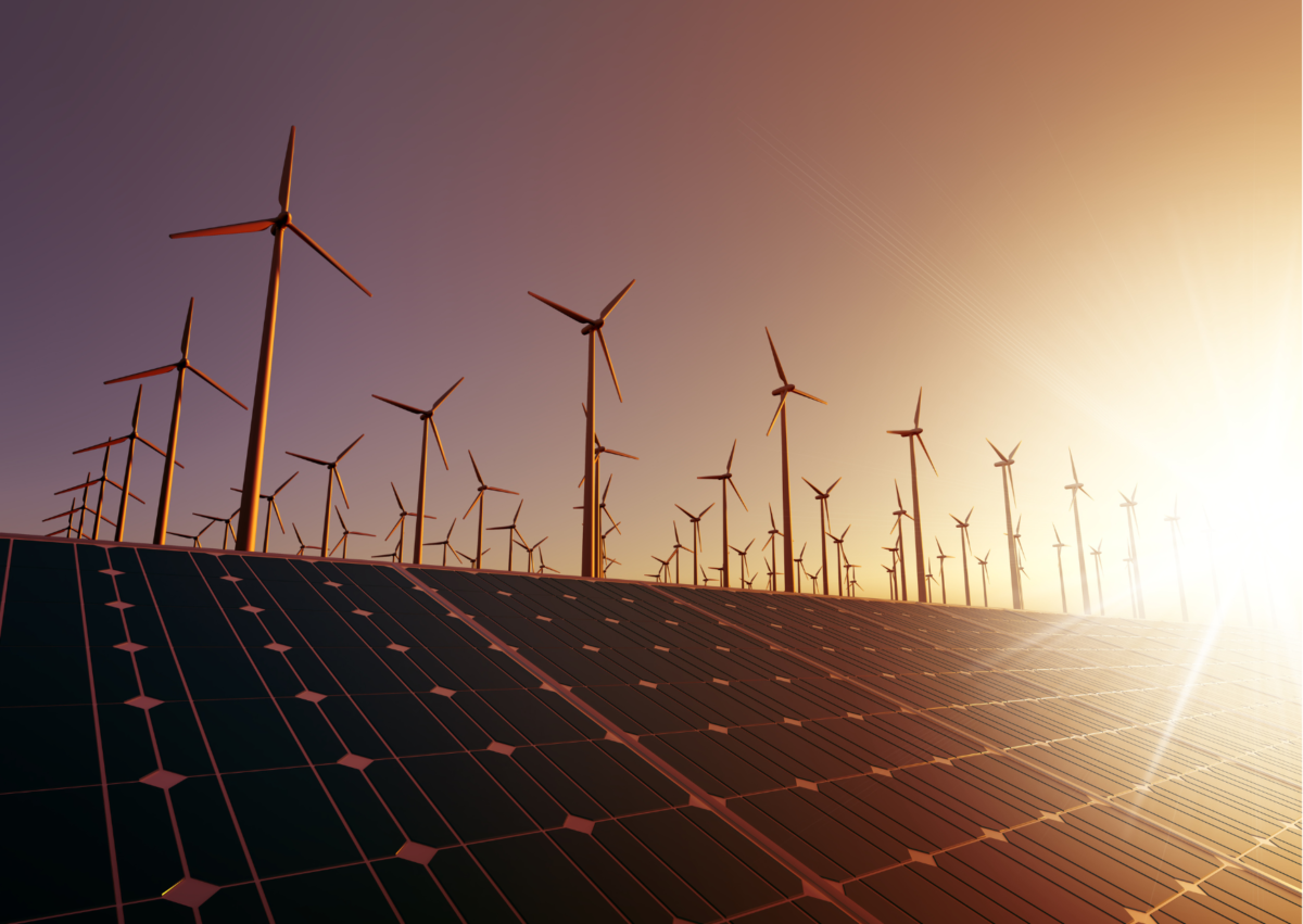 Renewable energy: wind turbines and solar panels.